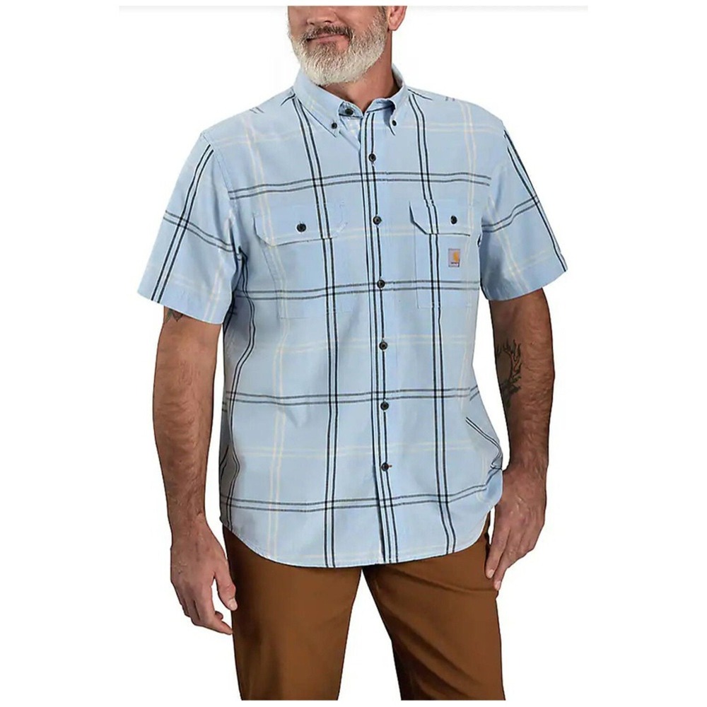 New Carhartt Men's Loose Fit Midweight Short Sleeve Blue Plaid Shirt Size L Tall
